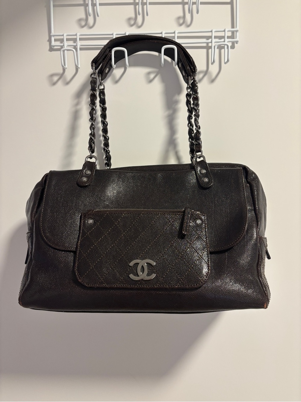 CHANEL Brown Quilted Leather Shoulder Bag with Chain Straps